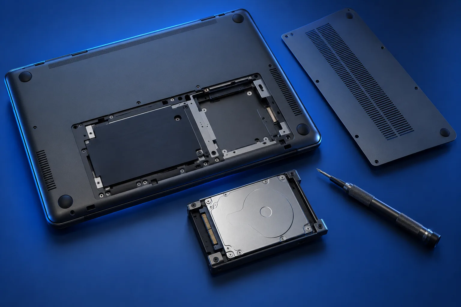 Laptop met geopend bodemdeksel, losse harde schijf en schroevendraaier; illustratie.