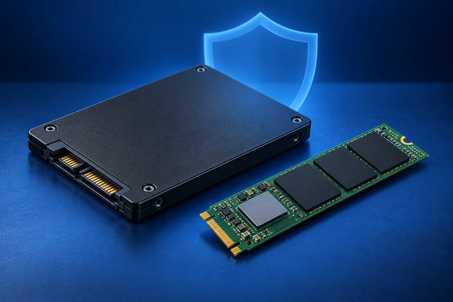 SATA-SSD en M.2-opslag met een blauw schild als illustratie van veilig wissen.