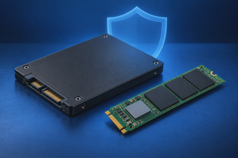 SATA-SSD en M.2-opslag met een blauw schild als illustratie van veilig wissen.