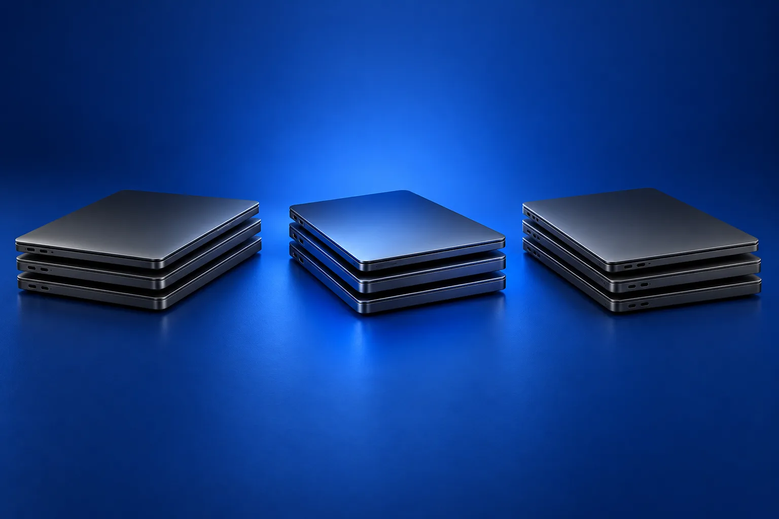 Drie stapels gesloten laptops als illustratie van verschillende bestemmingen.