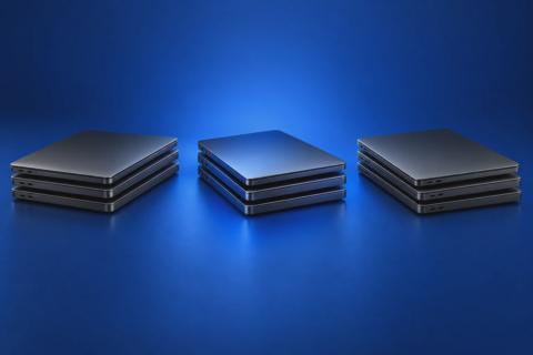 Drie stapels gesloten laptops als illustratie van verschillende bestemmingen.
