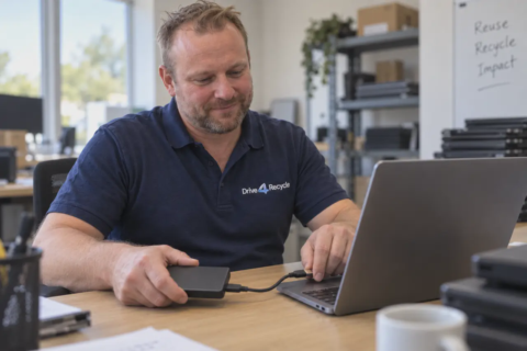 AI-illustratie van een laptop die met een externe back-upschijf wordt voorbereid voor afvoer.