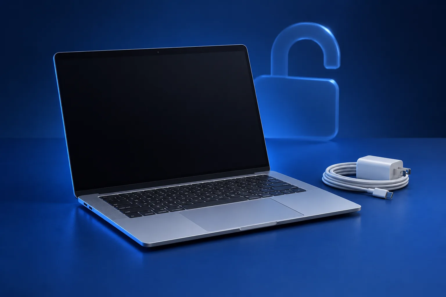 Zilveren laptop met lader en een open slot als illustratie van voorbereiding op overdracht.
