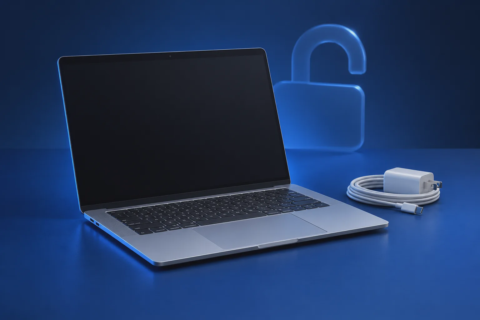 Zilveren laptop met lader en een open slot als illustratie van voorbereiding op overdracht.