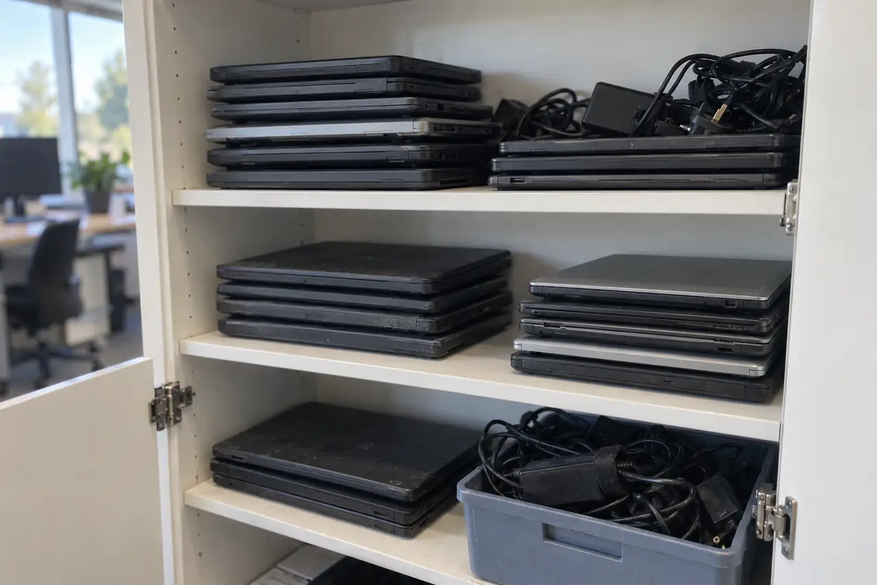 AI-illustratie van een kantoorkast met afgeschreven laptops en laders.