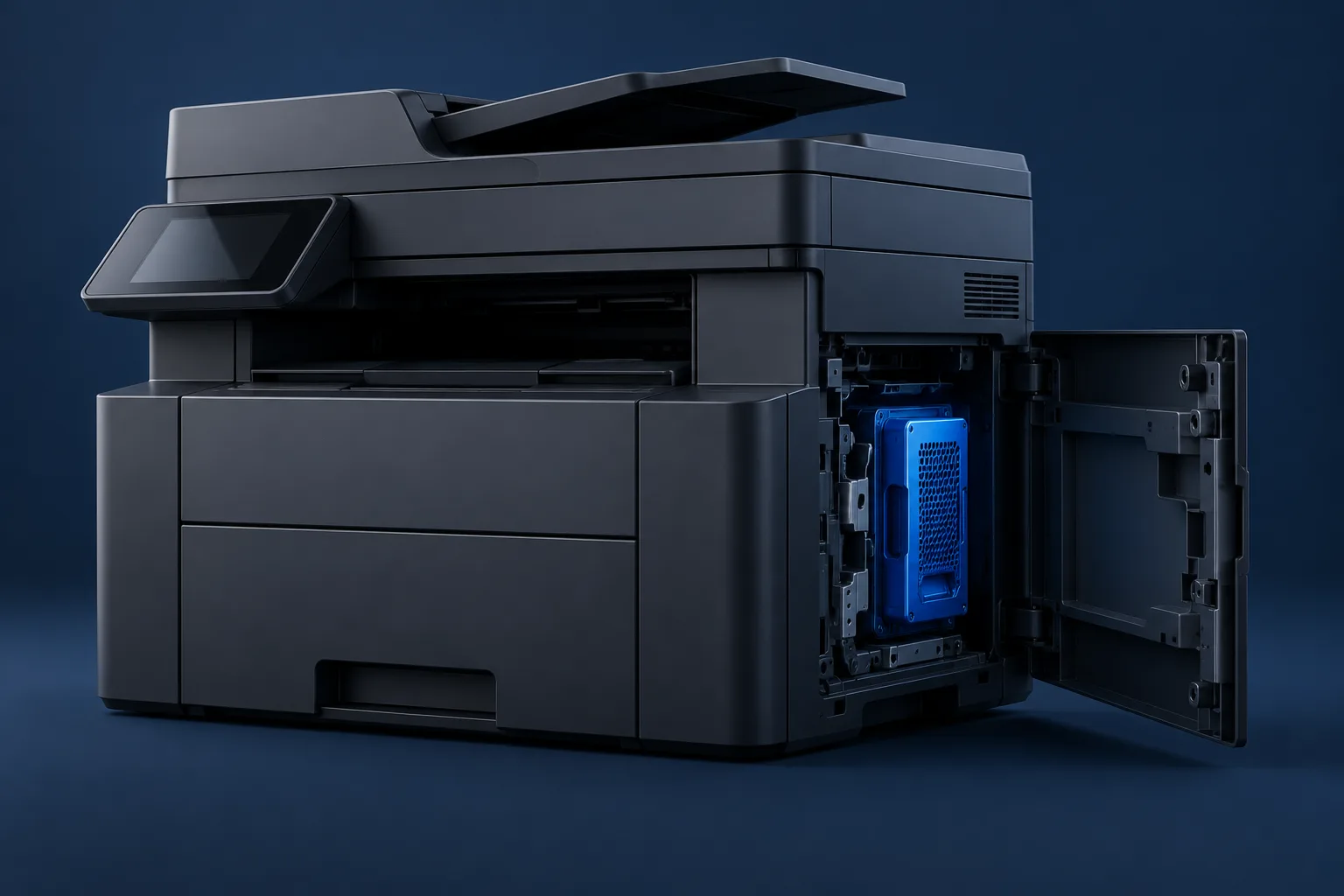 Kantoorprinter met geopend zijpaneel en zichtbare interne opslag; illustratie.