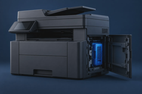 Kantoorprinter met geopend zijpaneel en zichtbare interne opslag; illustratie.