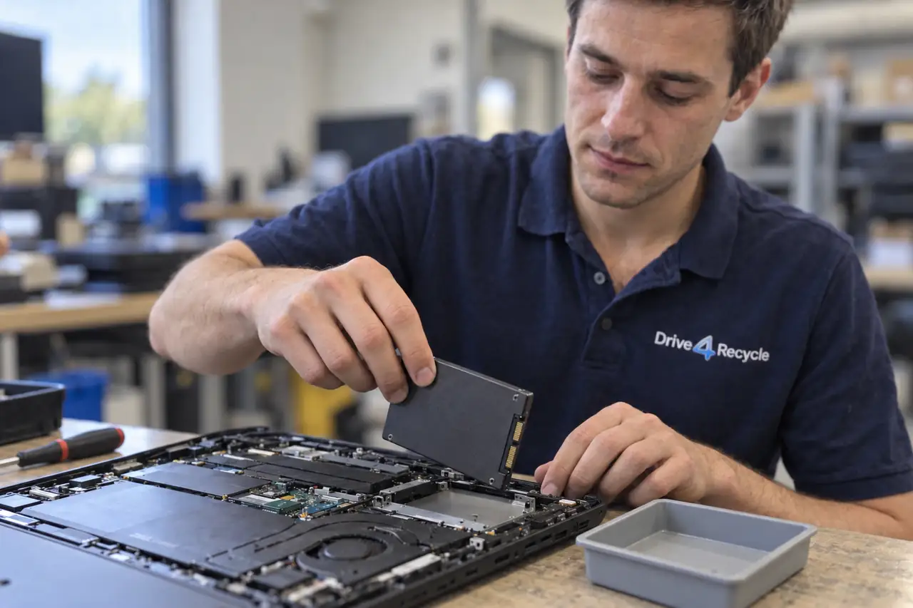 AI-illustratie van een SSD die uit een laptop wordt gehaald en apart gehouden.