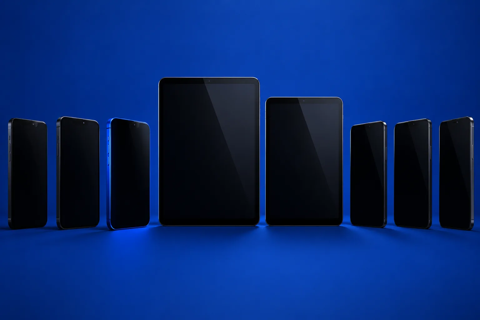 Rij smartphones en tablets met donkere schermen; illustratie.