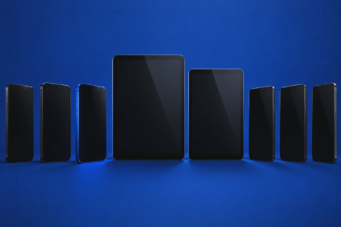 Rij smartphones en tablets met donkere schermen; illustratie.