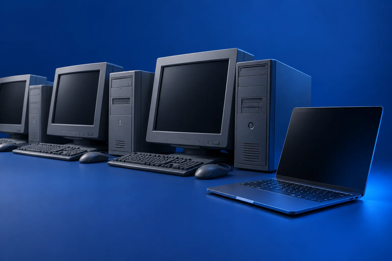 Oudere desktopcomputers en monitoren naast een slanke laptop; illustratie.