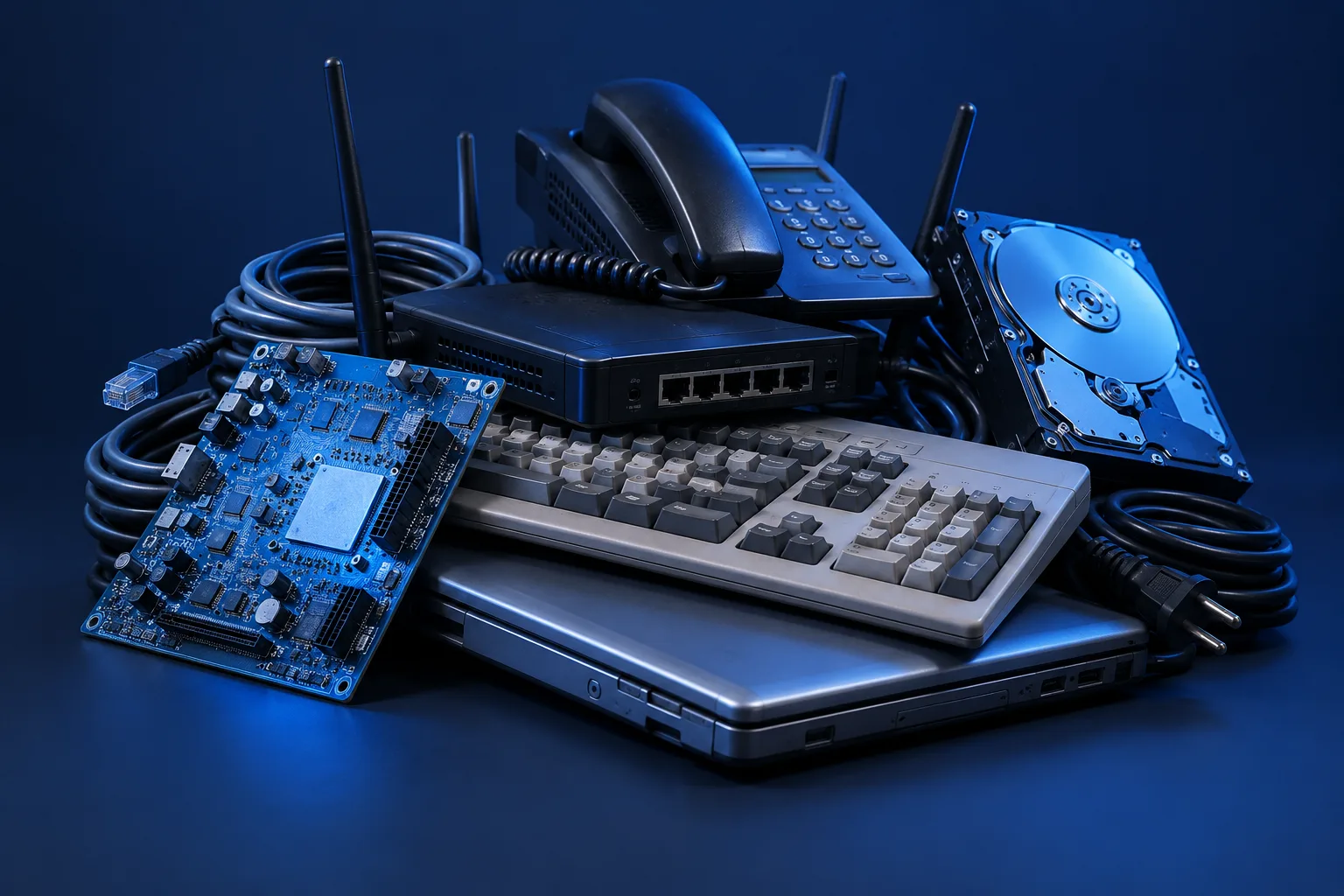 Verzameling oude kantoorapparatuur met laptop, telefoon, kabels en printplaat; illustratie.