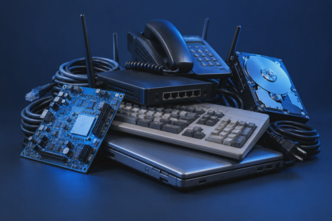 Verzameling oude kantoorapparatuur met laptop, telefoon, kabels en printplaat; illustratie.