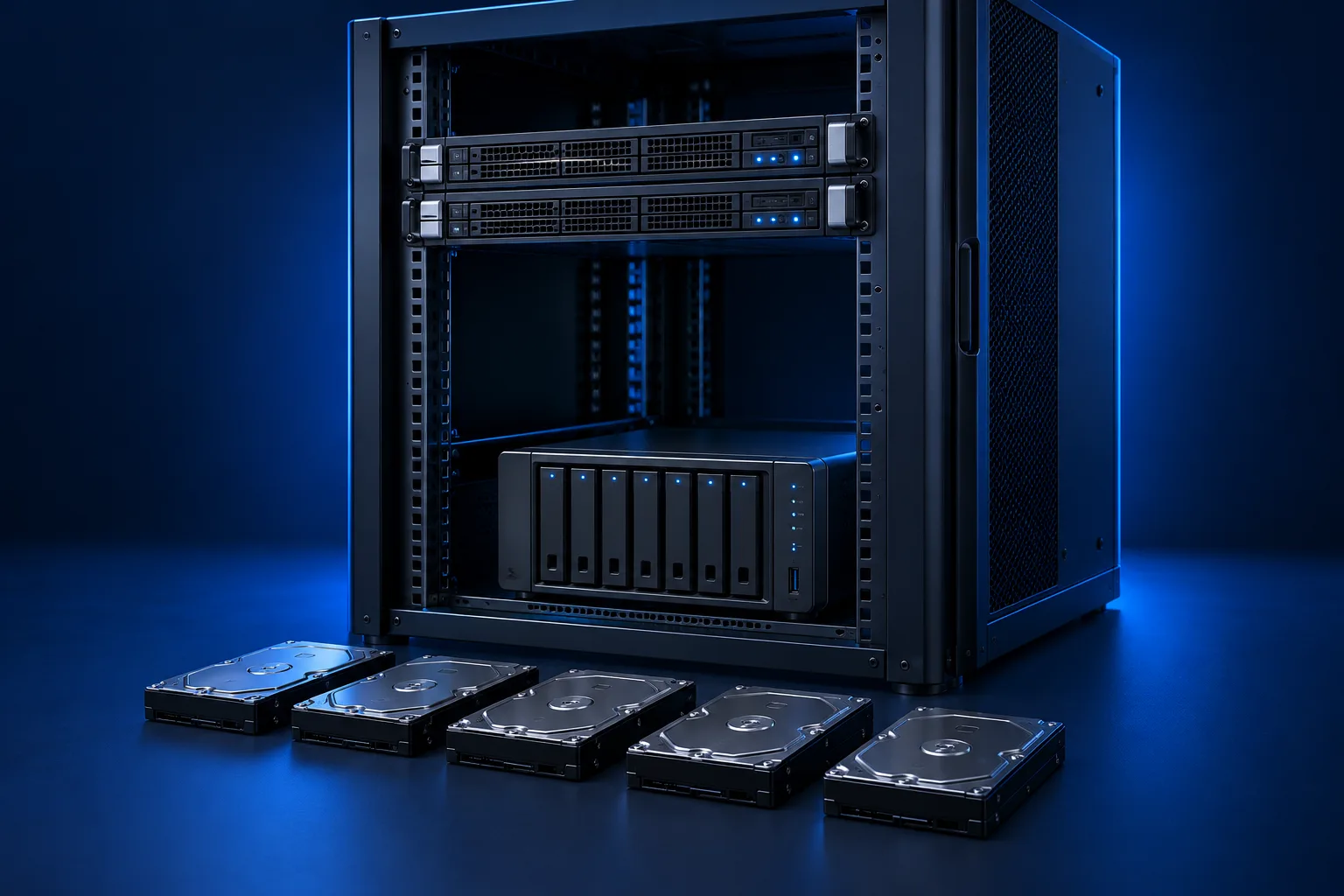 Serverrack met servers, NAS en een rij losse datadragers; illustratie.