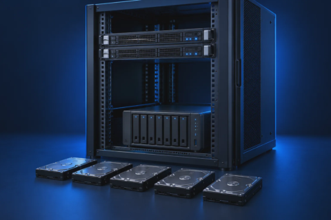 Serverrack met servers, NAS en een rij losse datadragers; illustratie.